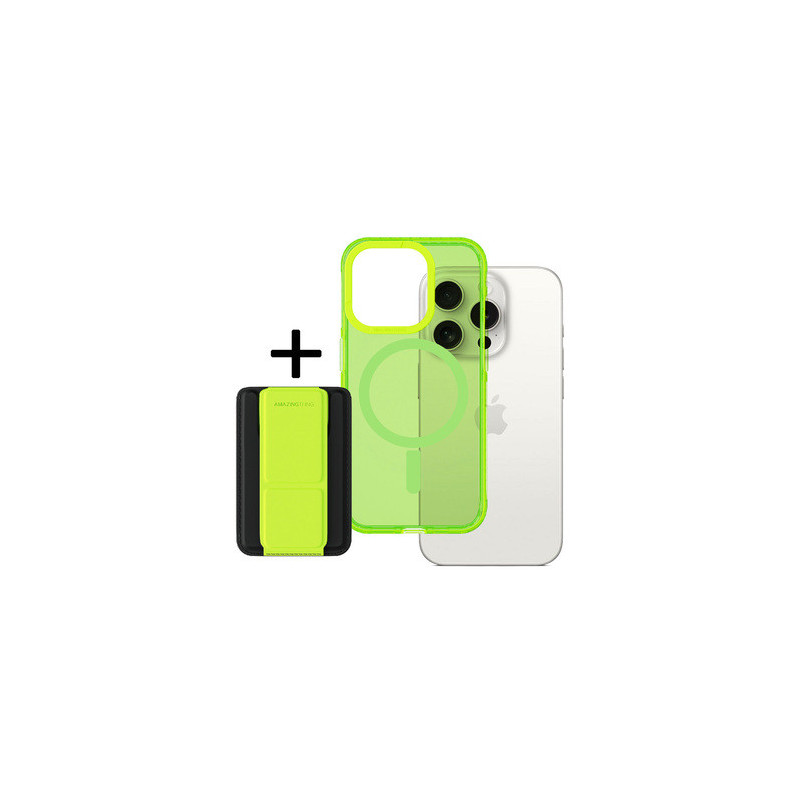 Amazing Thing Titan Pro Neon Mag Wallet Case 10FT IP156.1PTWGN for Iphone 15 Pro green with stand