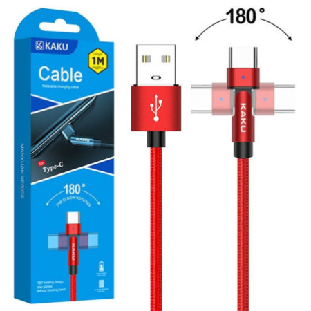 Otočný kábel 180 °, 3A, 1m, USB Typ C KAKU Nabíjací dátový kábel USB-C (KSC-465) červený