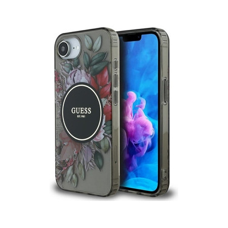 Original Case GUESS IML Flowers MagSafe for Iphone 16e black