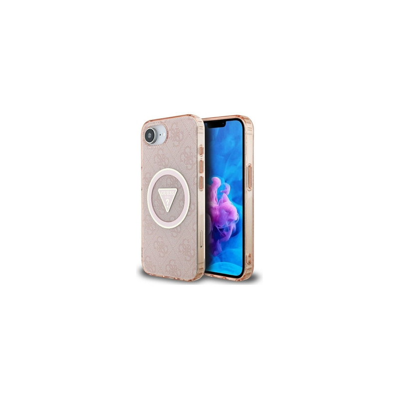 Original Case GUESS IML Metal Glitter 4G Circle Triangle MagSafe for Iphone 16e pink