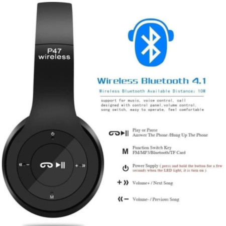 skladacie bezdrôtové slúchadlá P47 Bluetooth 4.2 EDR MicroSD MP3 mikrofón biela, modrá, červená