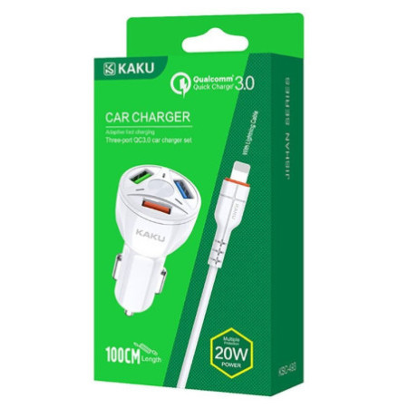 KAKU Quick Charge 3.0 autonabíjačka, 3 x usb port s Lightning káblom (KSC-493) biela farba