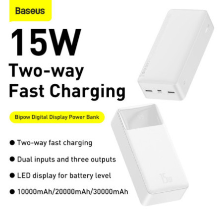 Baseus Power Banka 30000mAh - 2xUSB + Rýchle nabíjanie Type C - PD 3.0 QC 3.0 15W (PPDML-K02) biela