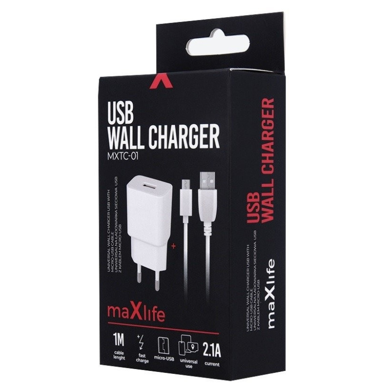 sieťová nabíjačka MAXLIFE + micro usb kábel, 2,1A- rýchlonabíjanie, biela